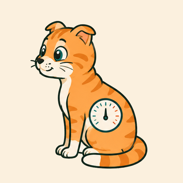 The Chonkometer's chubby orange tabby mascot, content and mid-purr